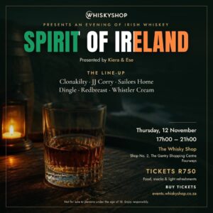 Event poster for Spirit of Ireland: An Evening of Irish Whiskey at The Whisky Shop, The Gantry Shopping Centre, Fourways, Thursday, 12 November 2026