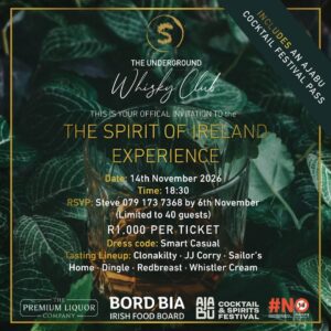 Event poster for The Spirit of Ireland Tasting Experience at The Premium Liquor Company, Woodstock, Saturday, 14 November 2026